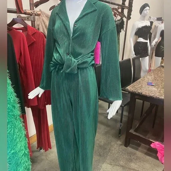MONACO Suit Women Green 2 Pieces Shirt and pants set Sz L very comfortable NEW